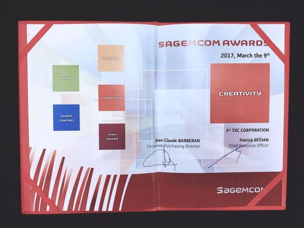 SAGEMCOM 優良供應商榮譽證書